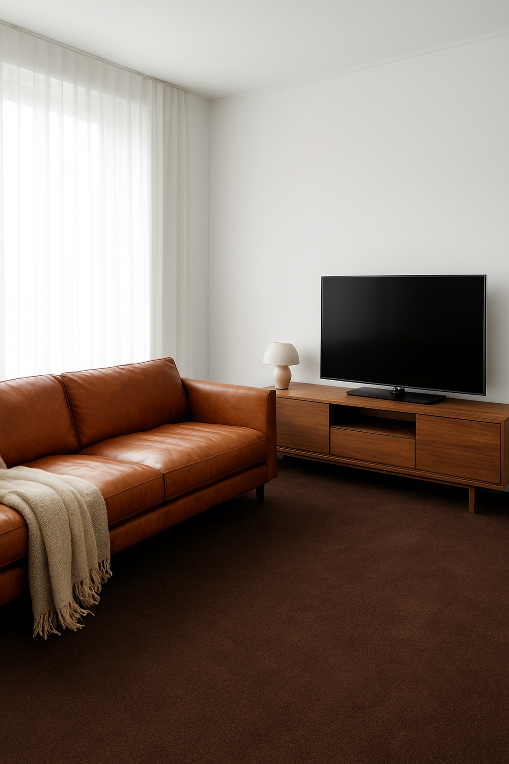 Media room with white walls and a chocolate brown wall-to-wall carpet