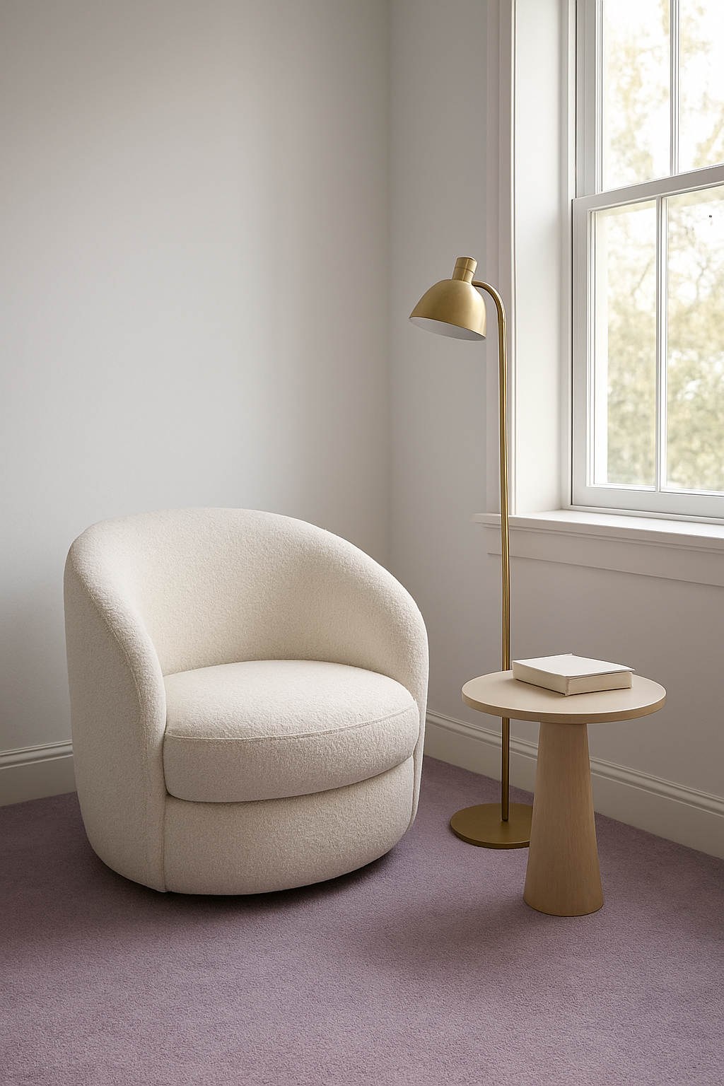 Reading nook with white walls and a soft lavender wall-to-wall carpet