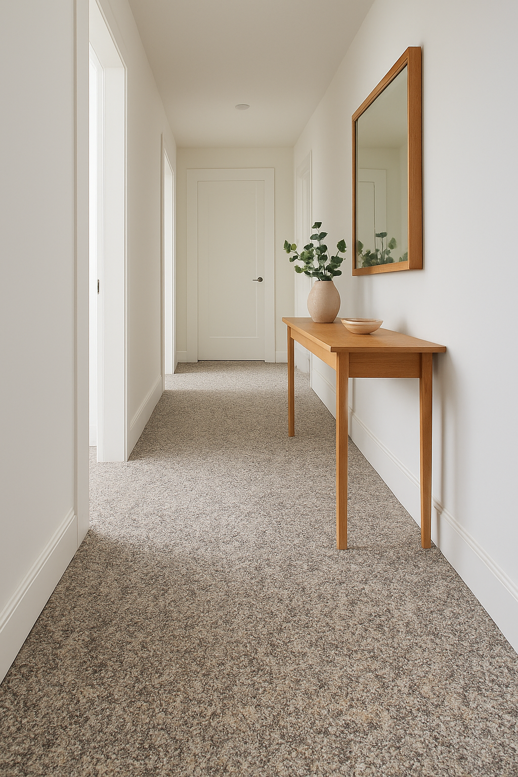 Hallway with white walls and multi-tone patterned wall-to-wall carpet