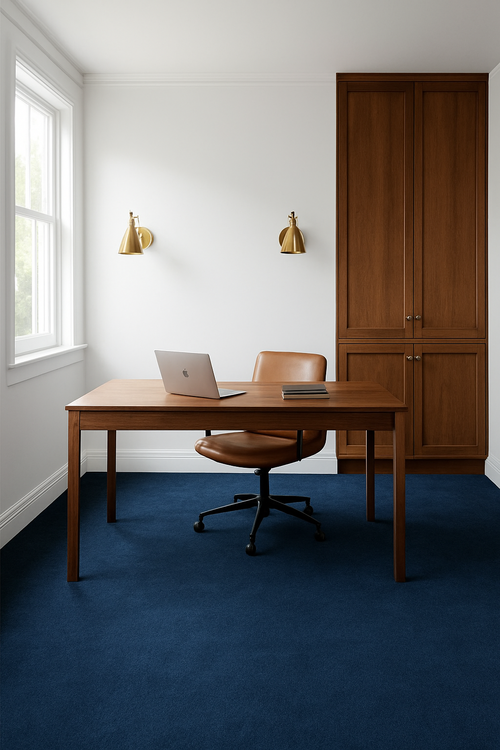 Home office with white walls and a navy blue wall-to-wall carpet