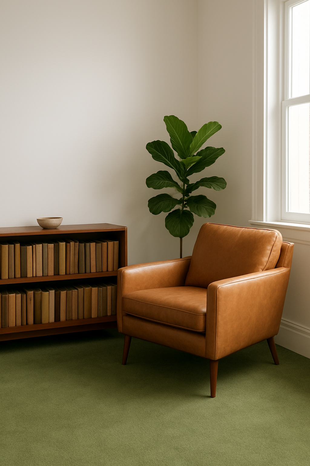 Den with white walls and sage green wall-to-wall carpet and a leather chair