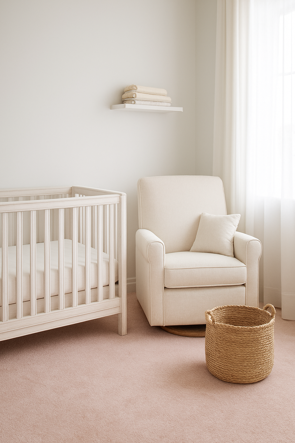 Nursery with white walls and a soft blush wall-to-wall carpet