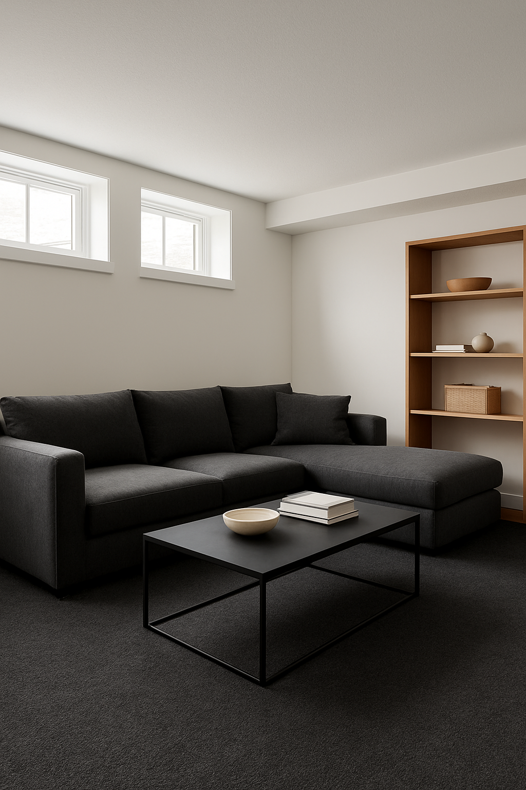 Basement with white walls and a charcoal wall-to-wall carpet