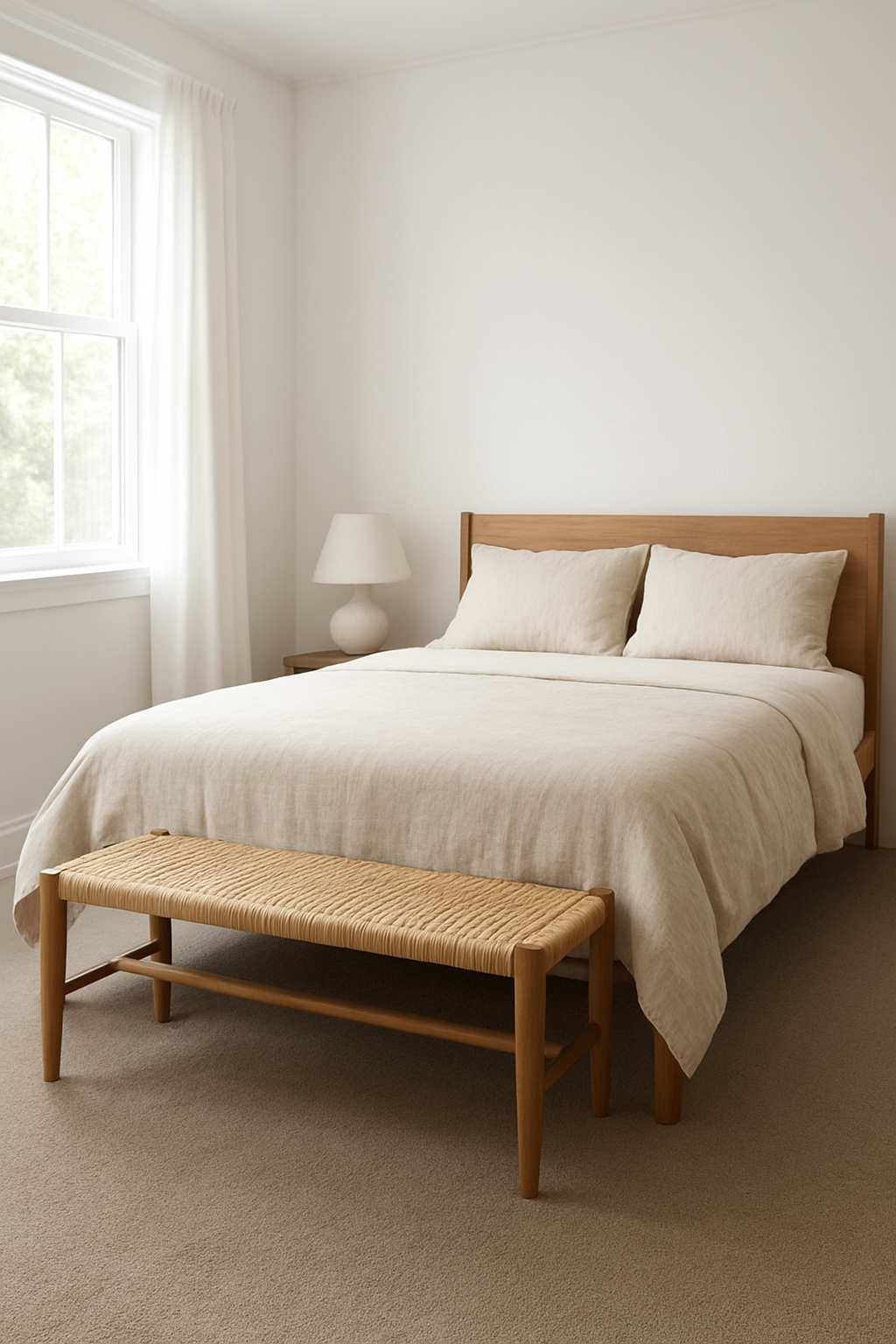 Guest room with white walls and a taupe wall-to-wall carpet