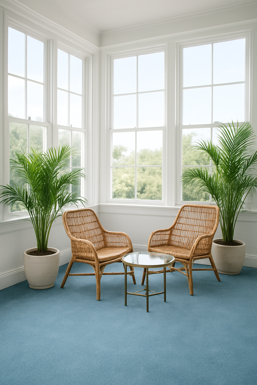 Sunroom with white walls and a sky blue wall-to-wall carpet