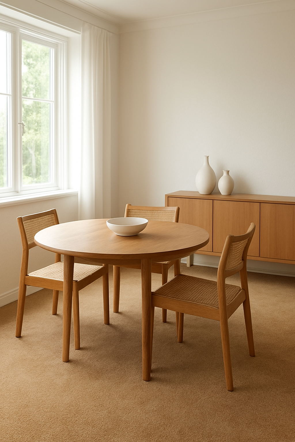 Dining room with white walls and a warm tan wall-to-wall carpet