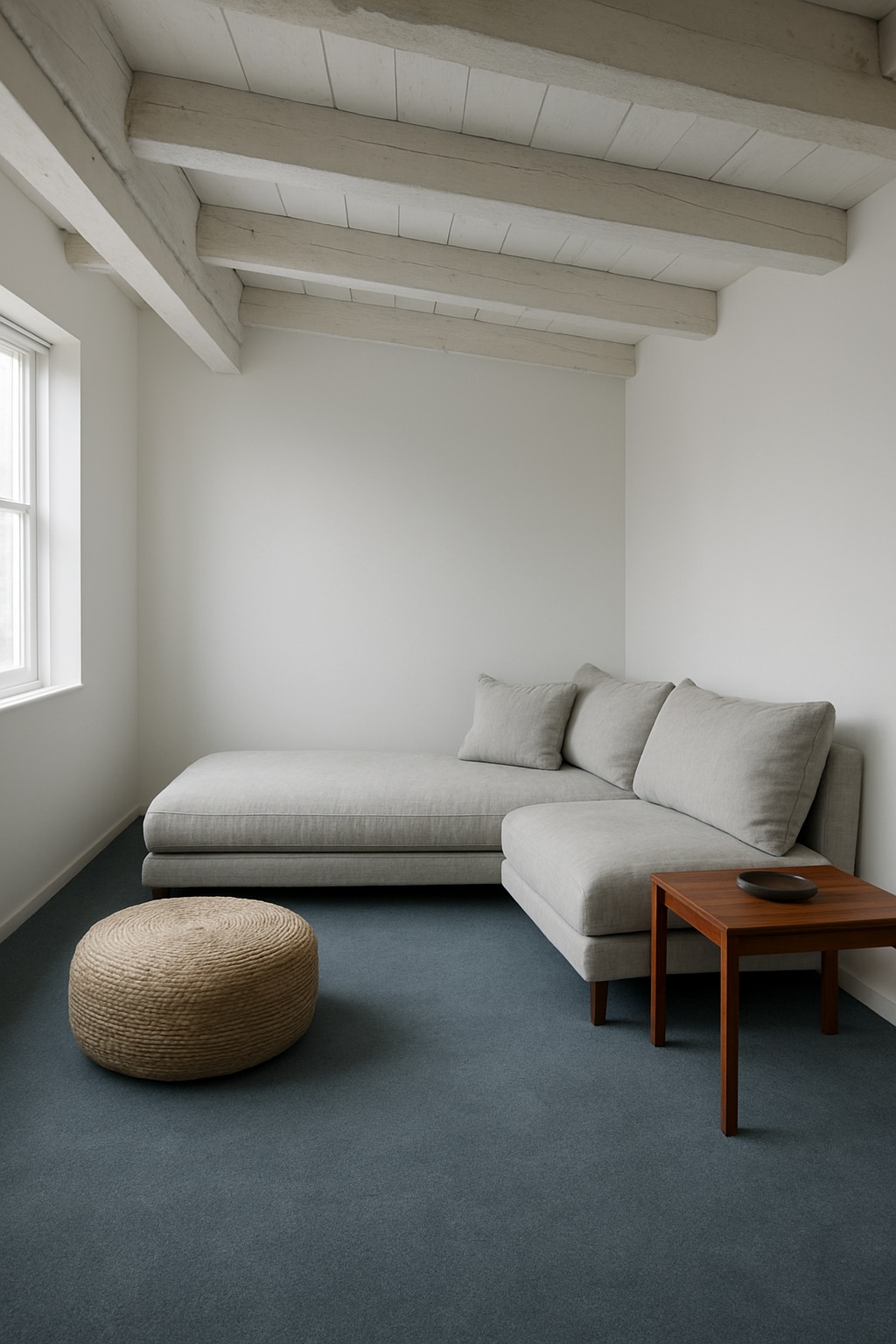 Loft with white walls and a slate blue wall-to-wall carpet