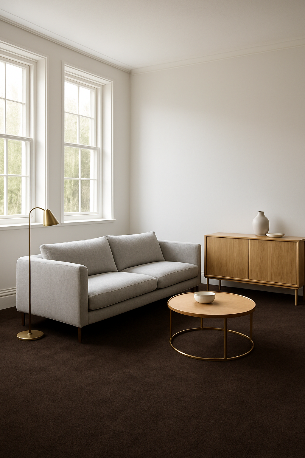 Living room with crisp white walls and a dark brown carpet, wide view