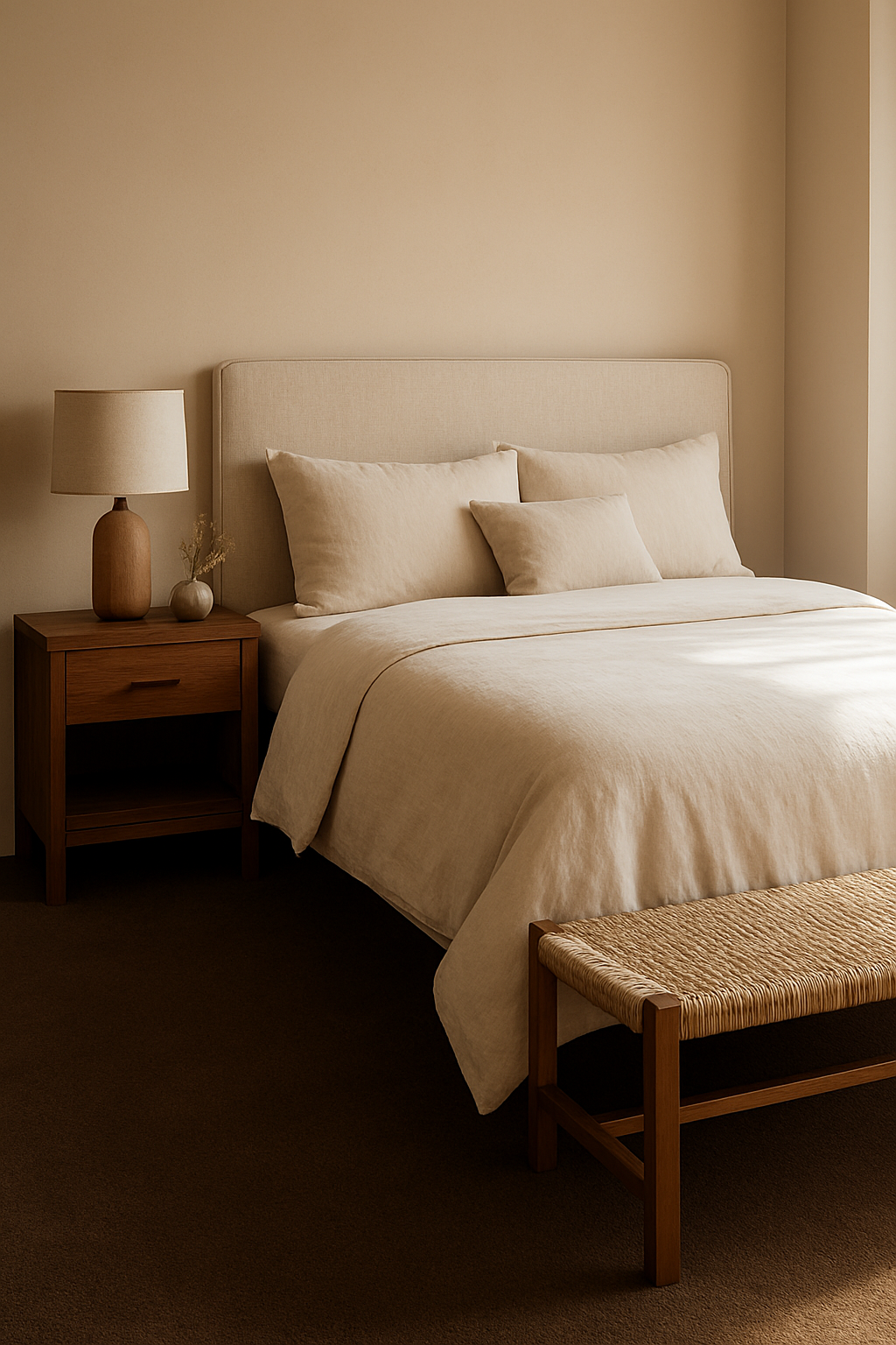 Bedroom with soft beige walls and a dark brown wall-to-wall carpet