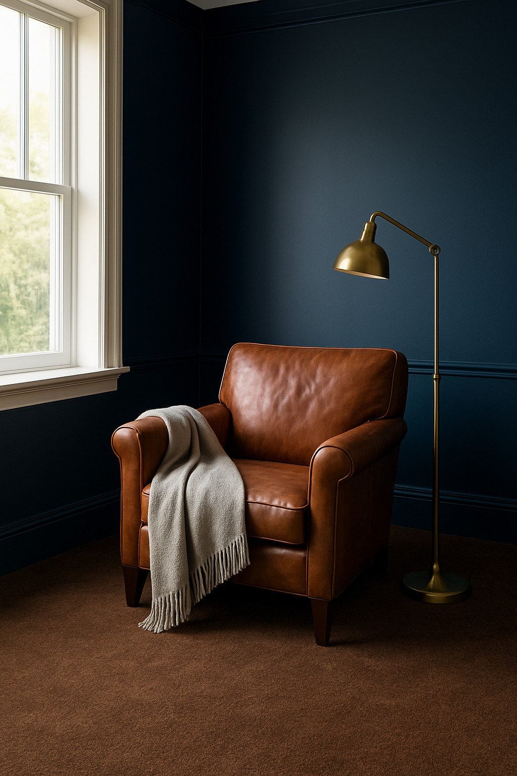 Den corner with classic navy walls and a dark brown wall-to-wall carpet