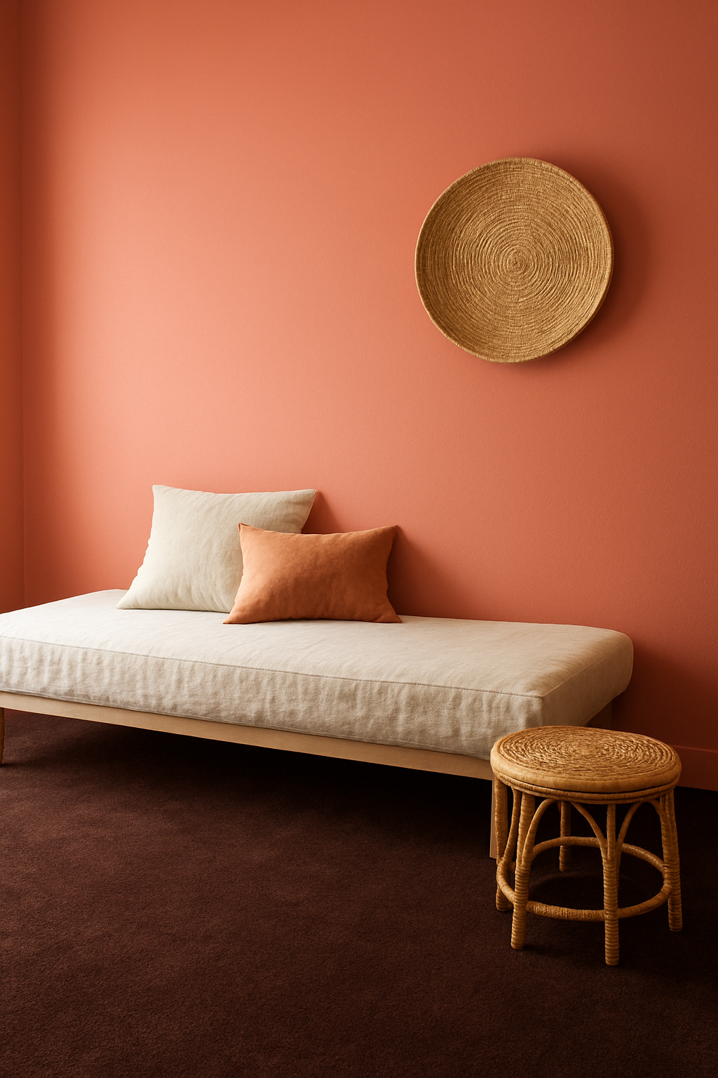 Guest room with coral pink walls and a dark brown wall-to-wall carpet