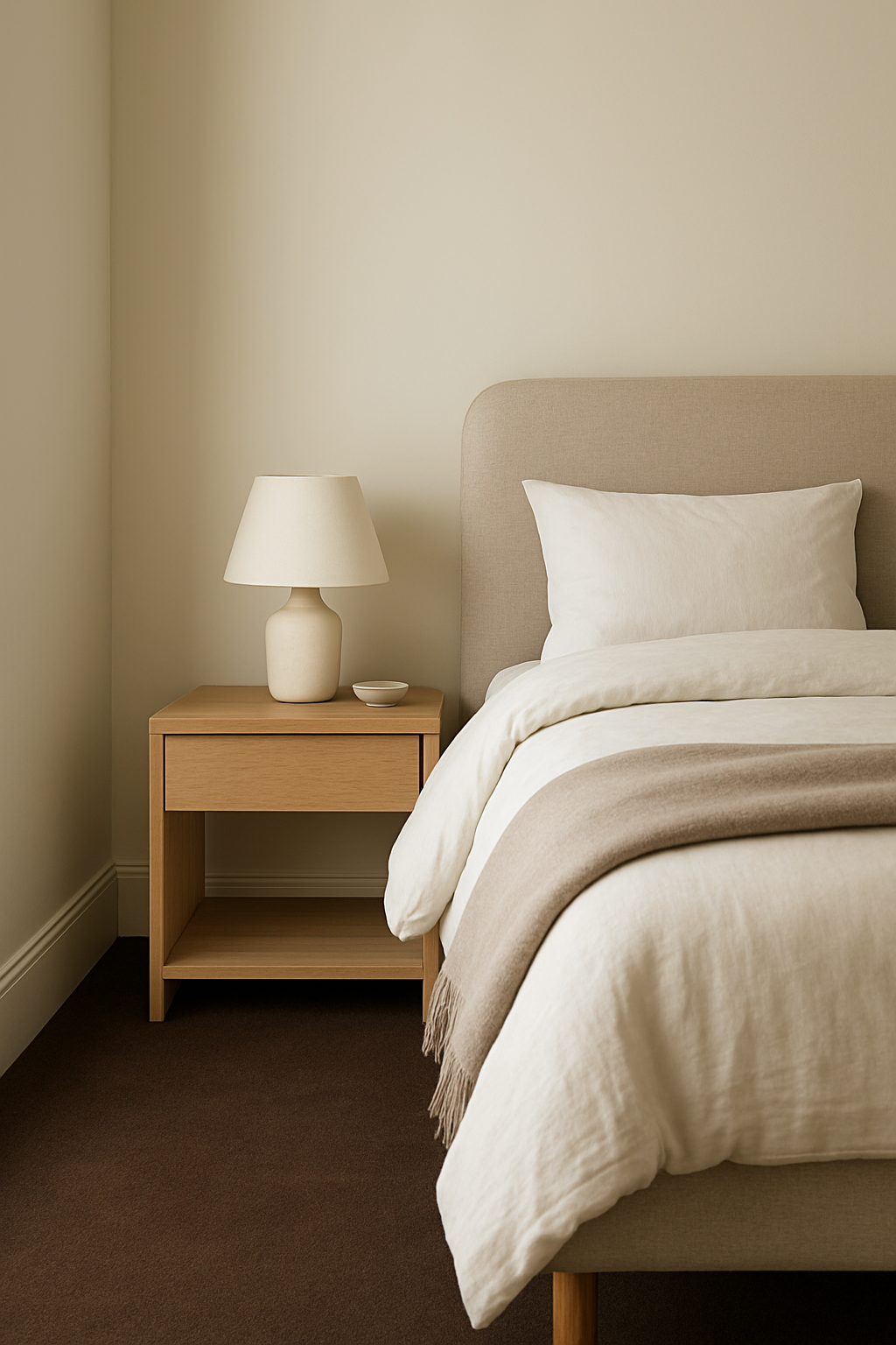 Bedroom corner with light cream walls and a dark brown carpet