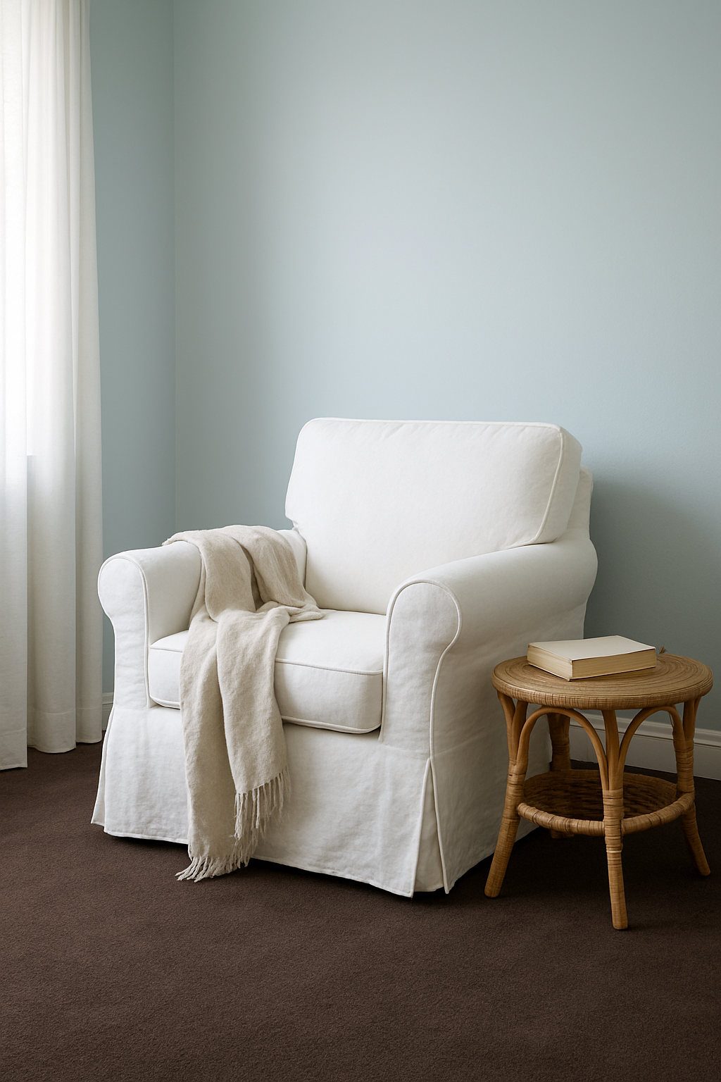 Guest room corner with pale blue walls and a dark brown carpet