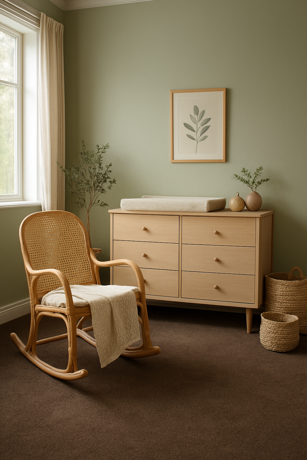 Nursery with soft sage green walls and a dark brown carpet