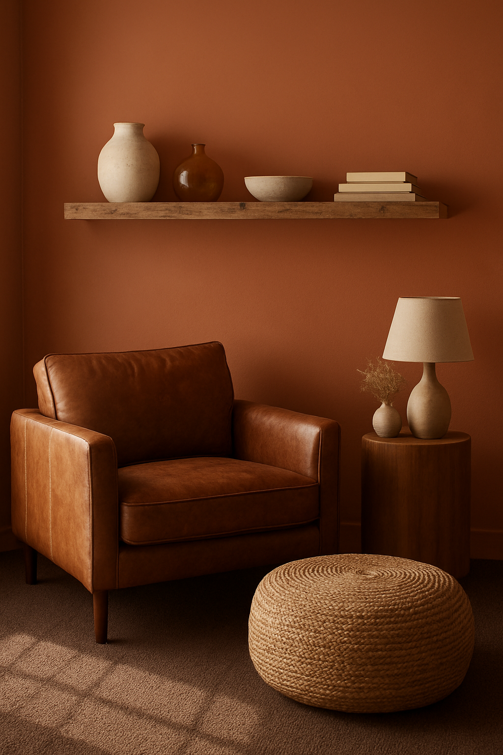 Den with warm terracotta walls and a dark brown wall-to-wall carpet