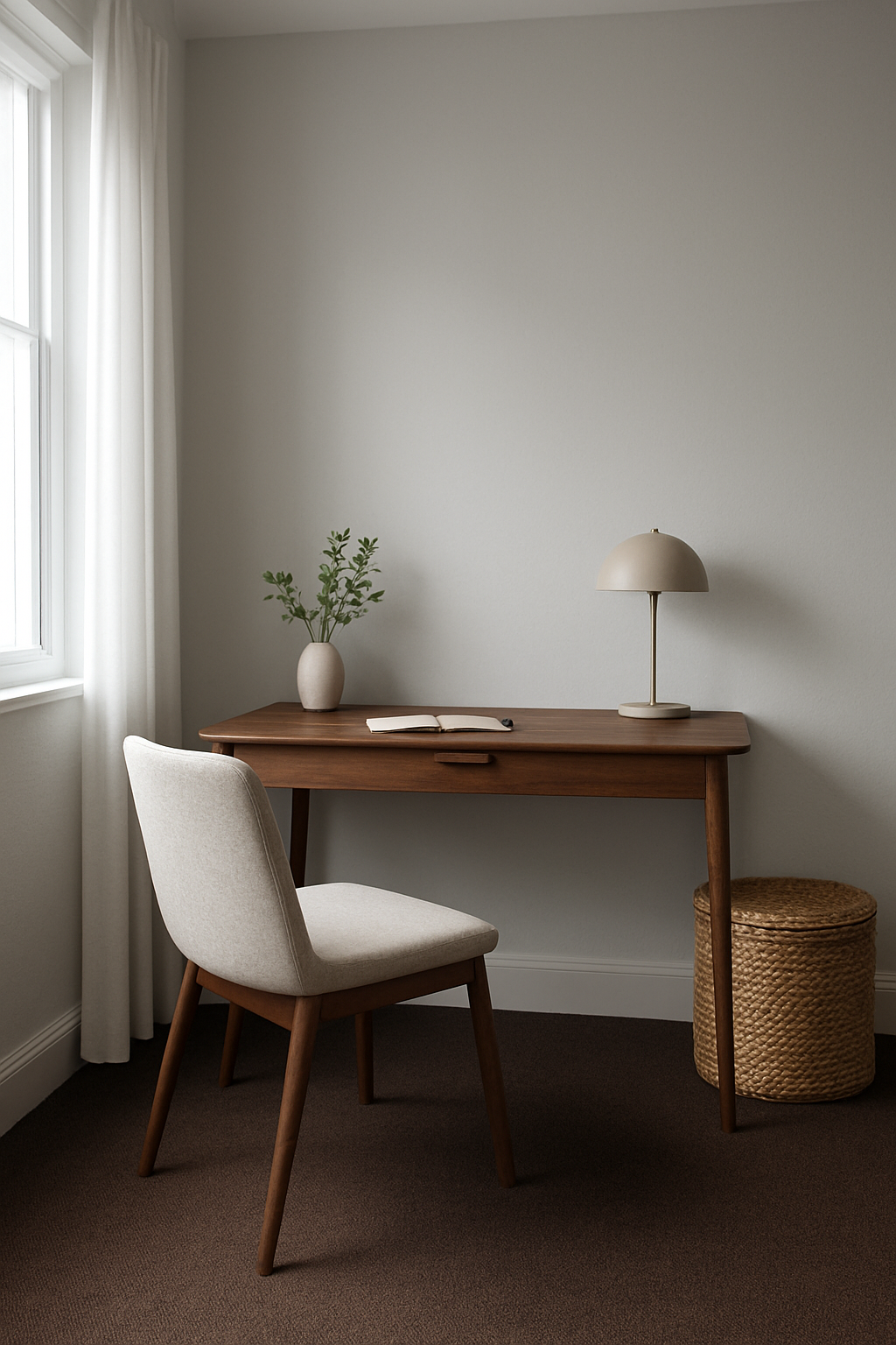 Home office corner with light gray walls and a dark brown carpet