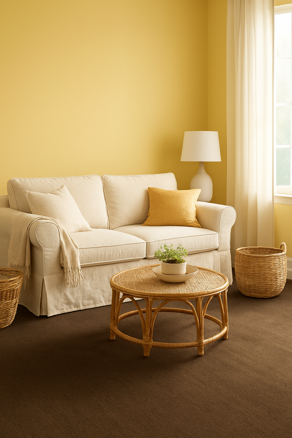 Family room with buttery yellow walls and a dark brown carpet
