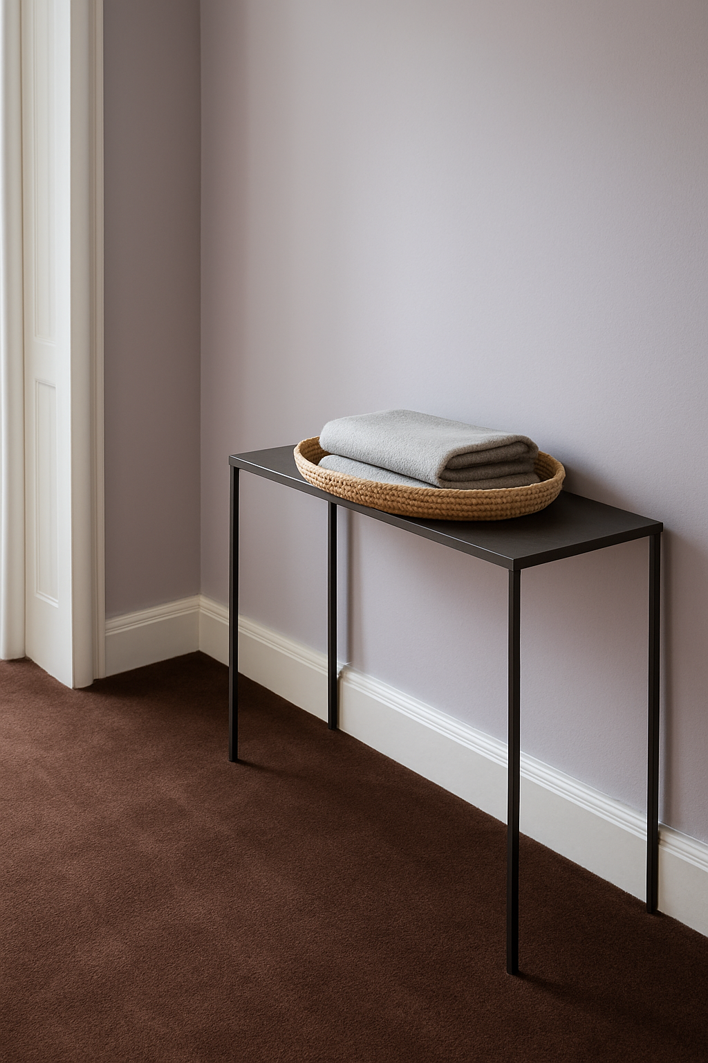 Hallway corner with pale lavender walls and a dark brown carpet
