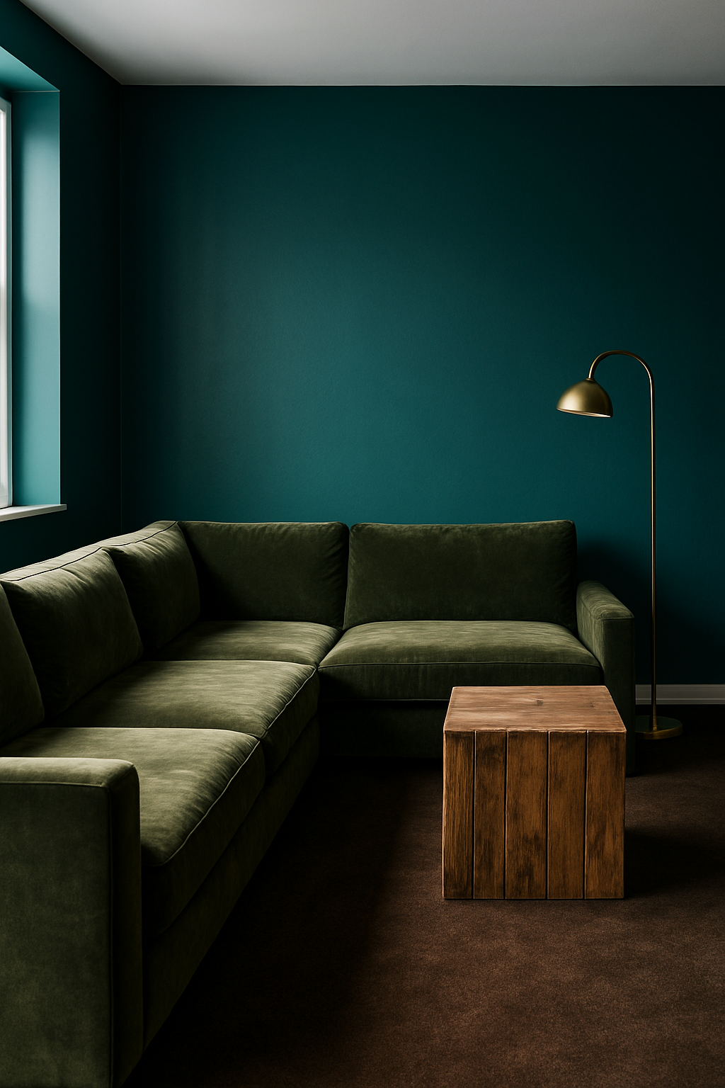 Basement lounge with rich teal walls and a dark brown carpet