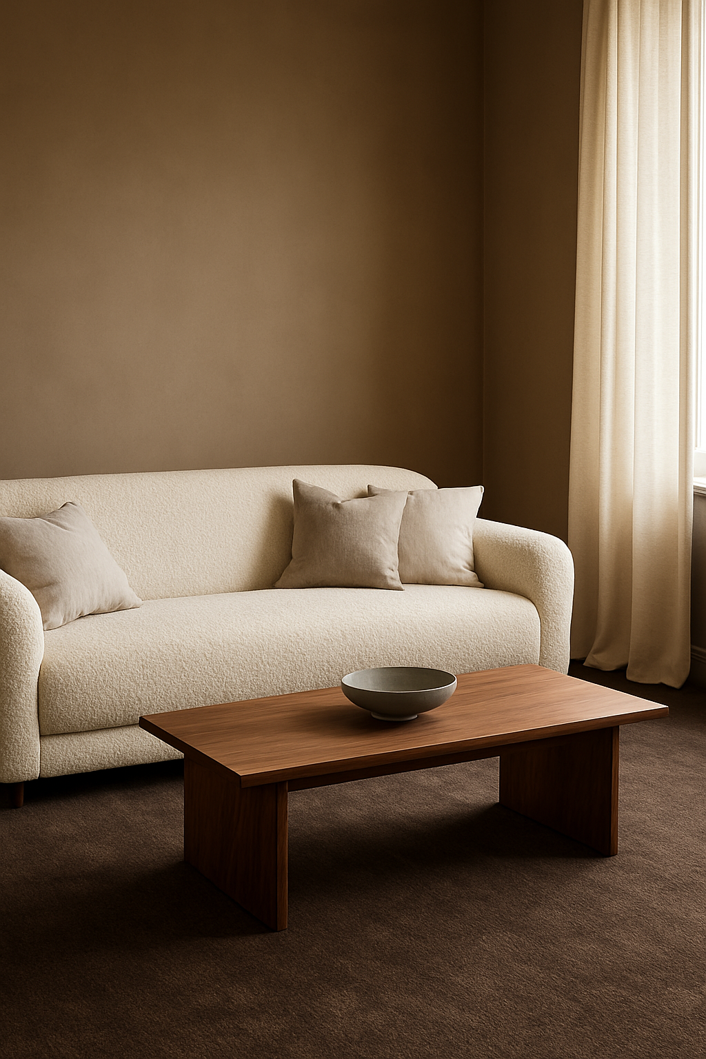 Living room with warm taupe walls and a dark brown wall-to-wall carpet