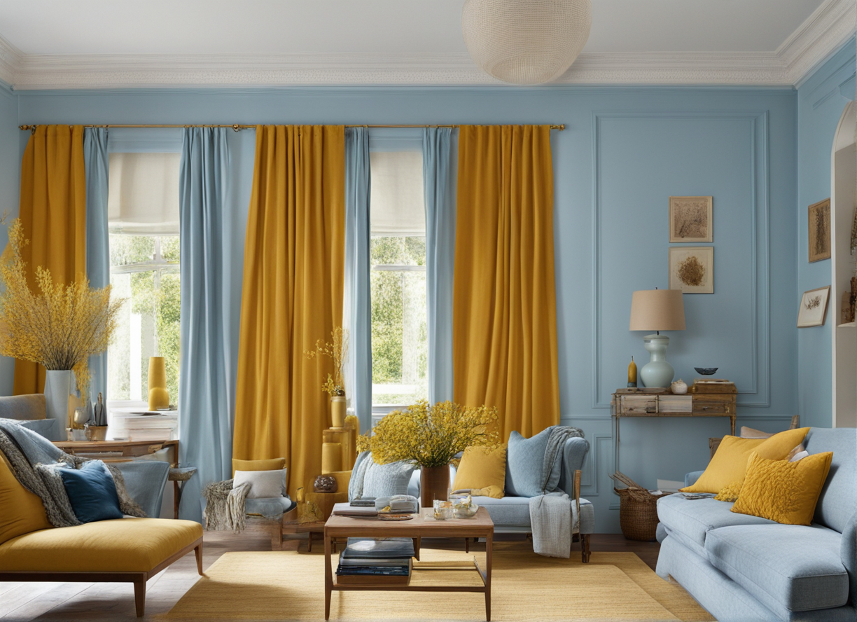 what color curtains go with mustard walls