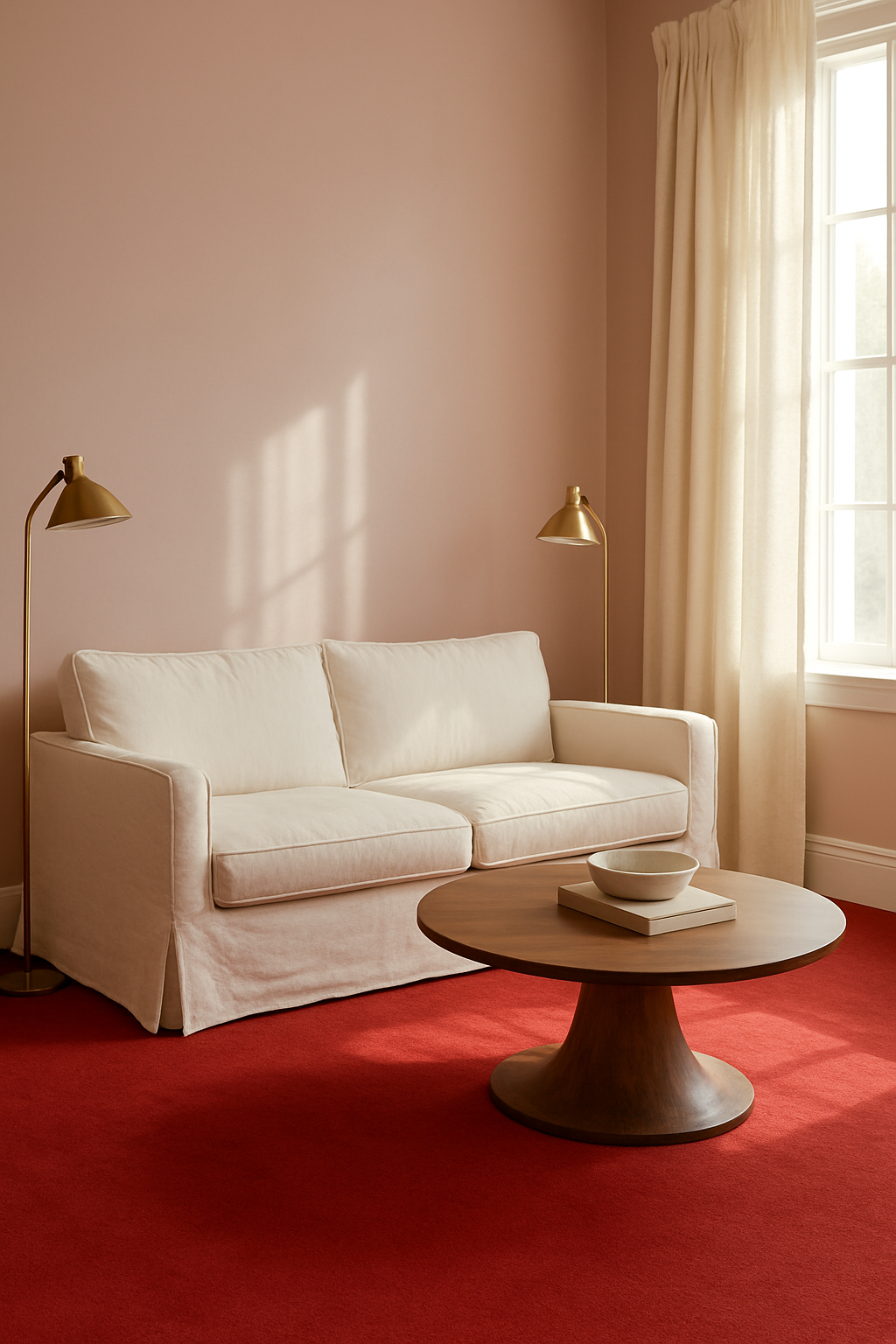 Living room with light pink walls and a red carpet