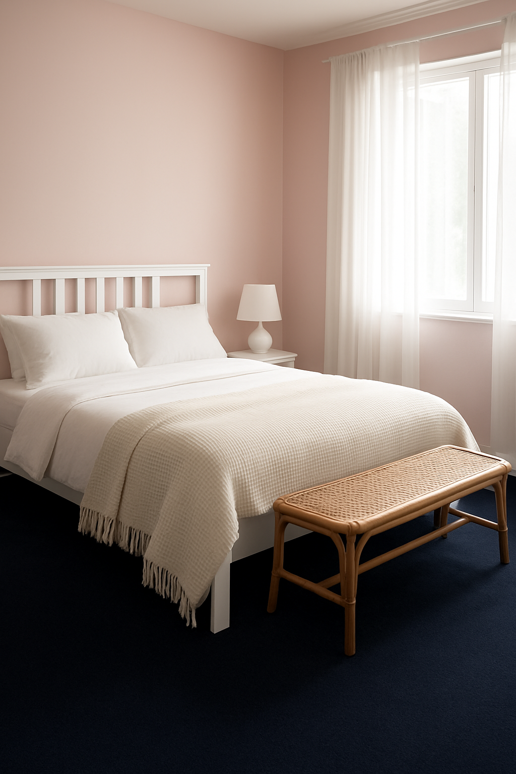 Bedroom with light pink walls and a navy blue carpet