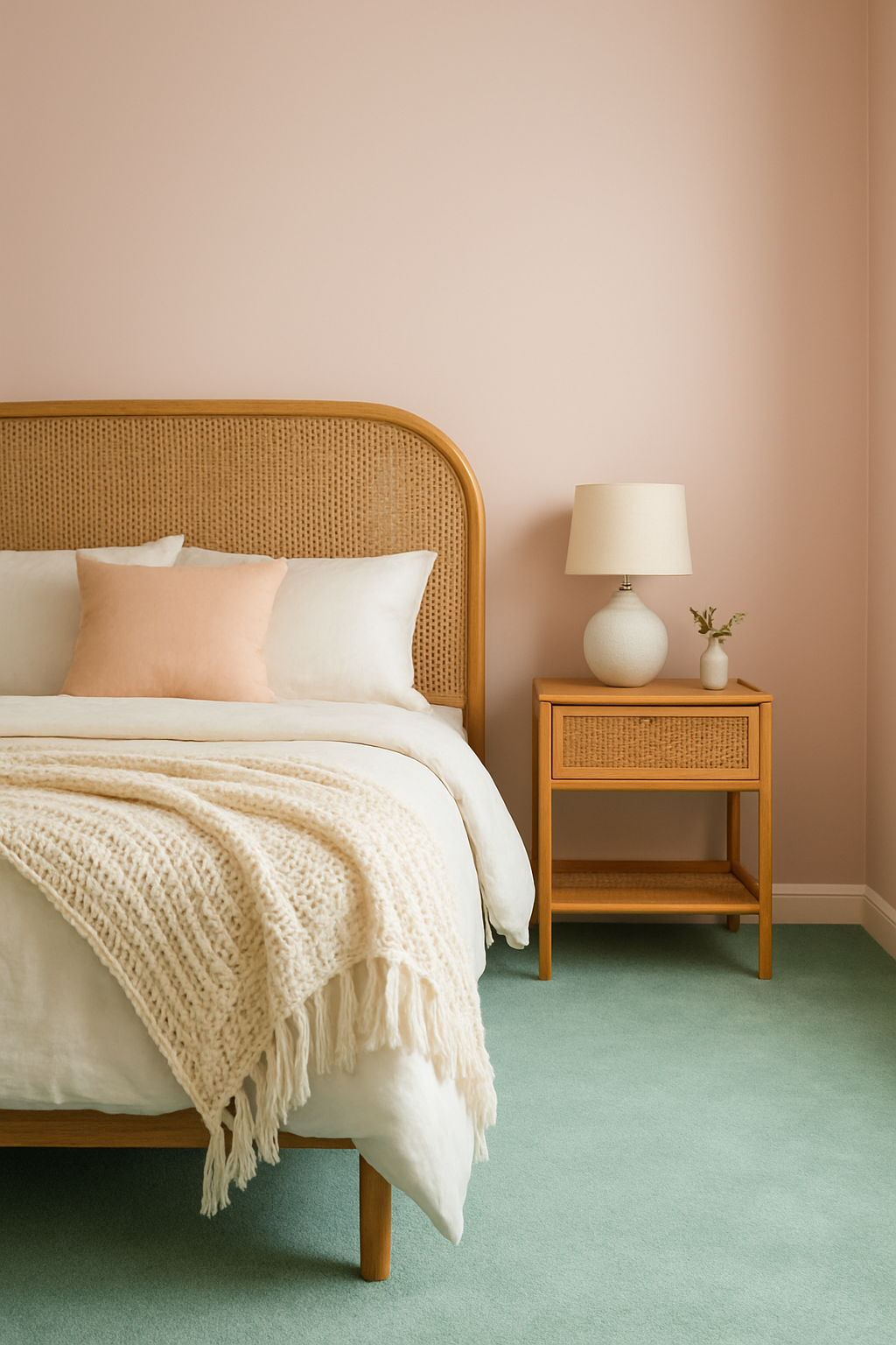 Bedroom corner with light pink walls and a cool mint carpet