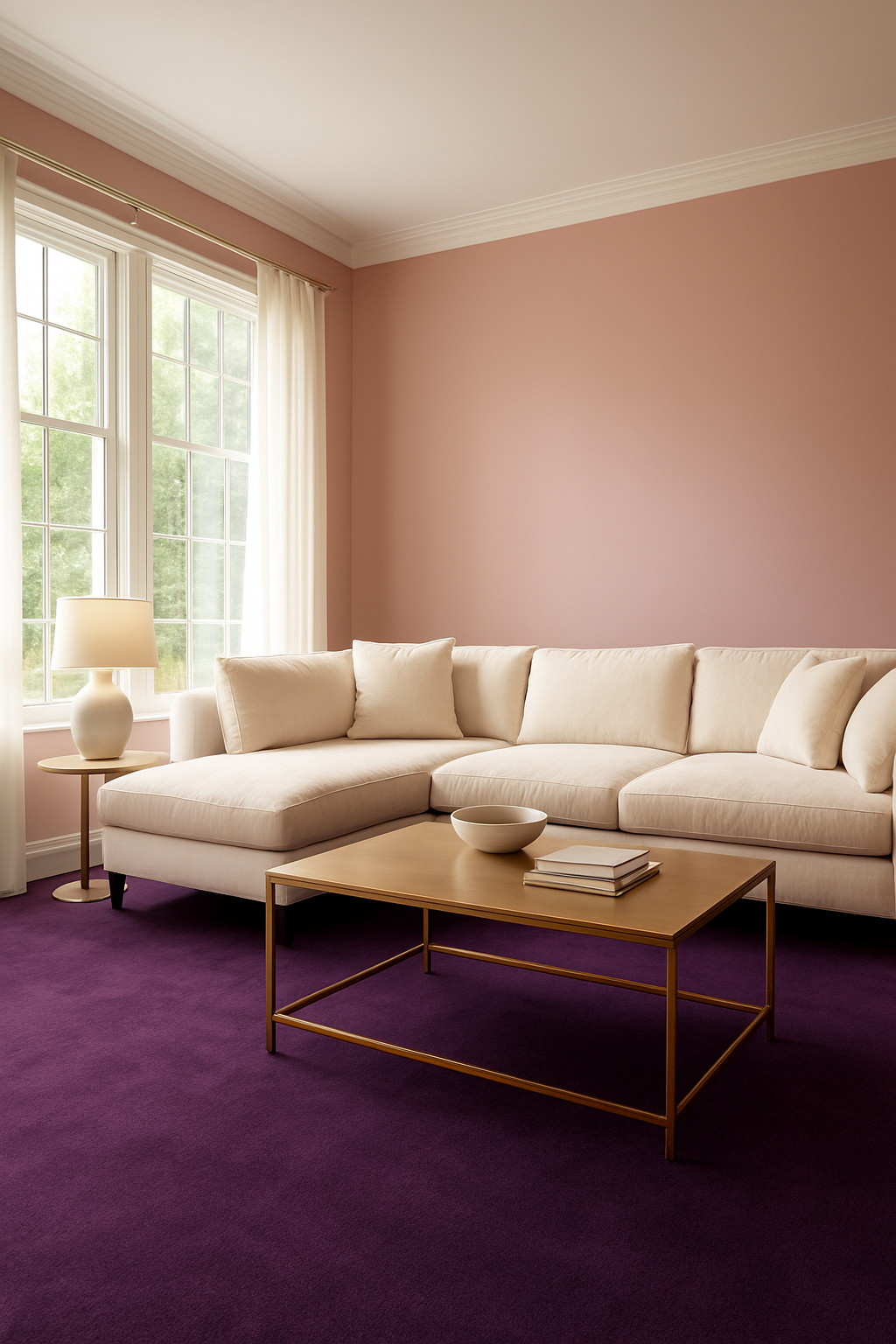 Family room with light pink walls and a royal purple carpet