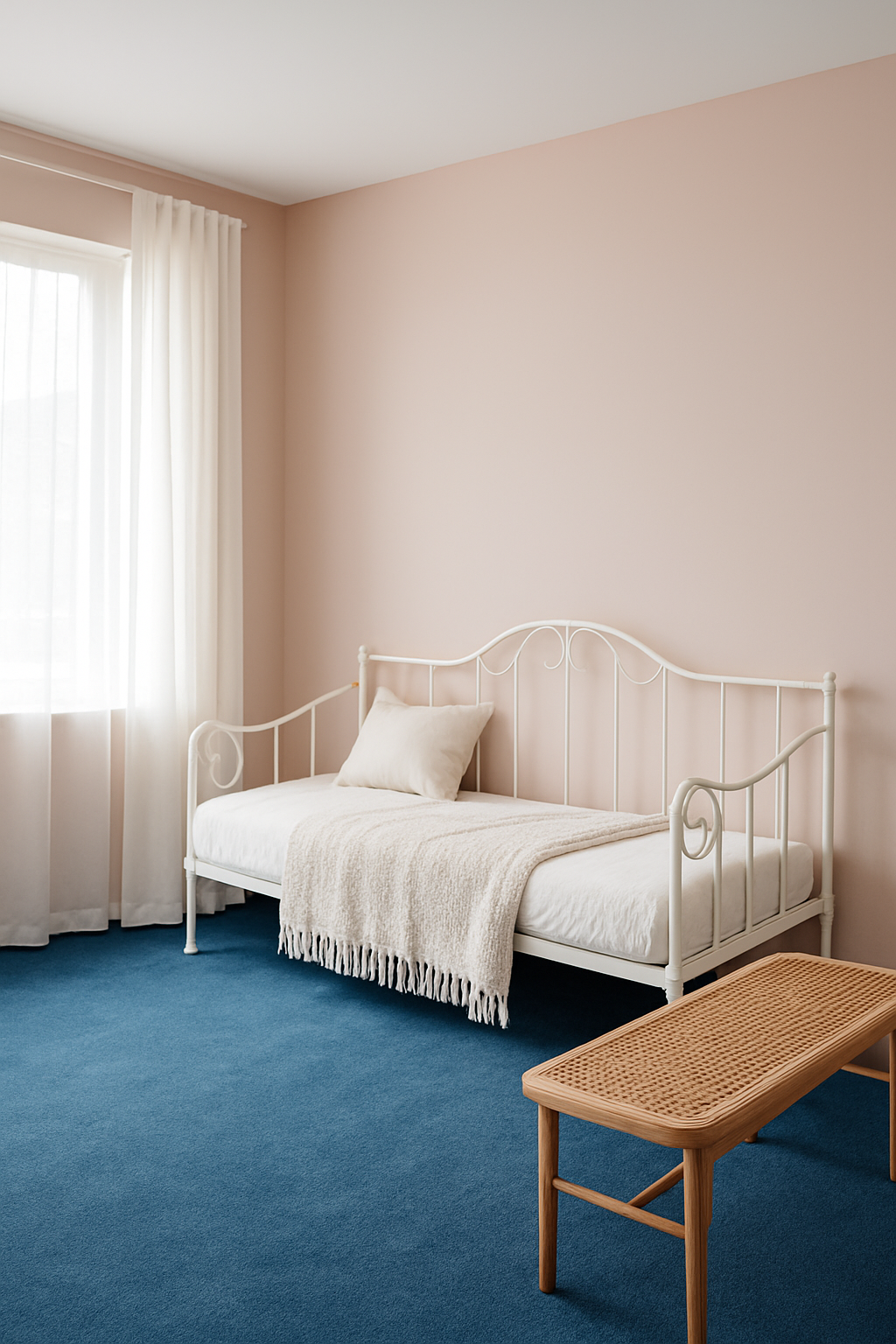 Guest room with light pink walls and an ocean blue carpet