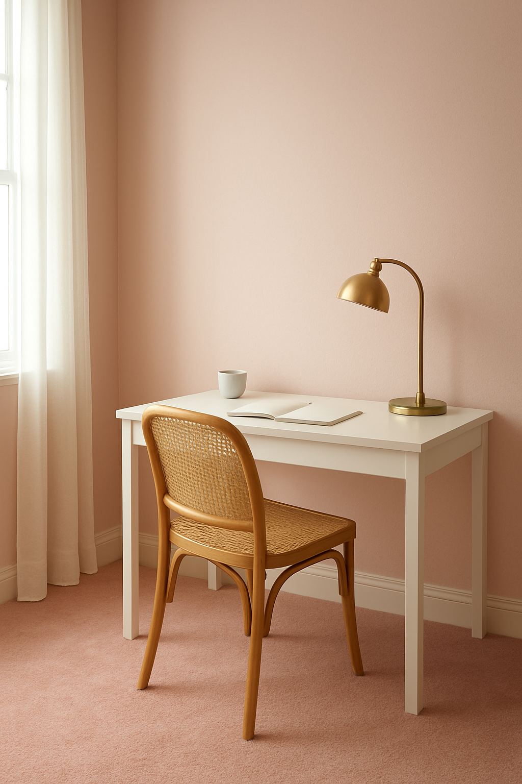 Home office corner with light pink walls and a blush pink carpet