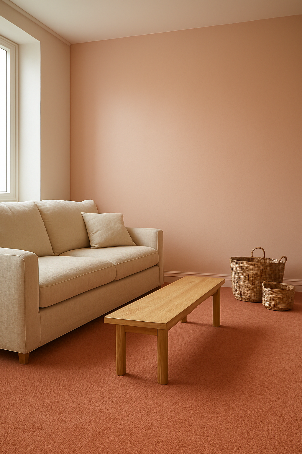 Den with light pink walls and a muted coral carpet