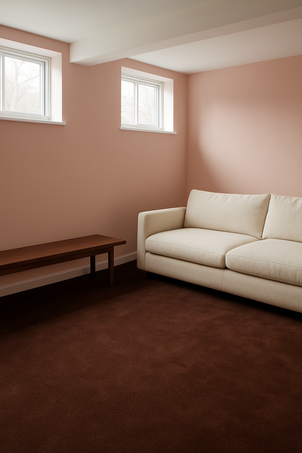 Basement with light pink walls and a chocolate brown carpet