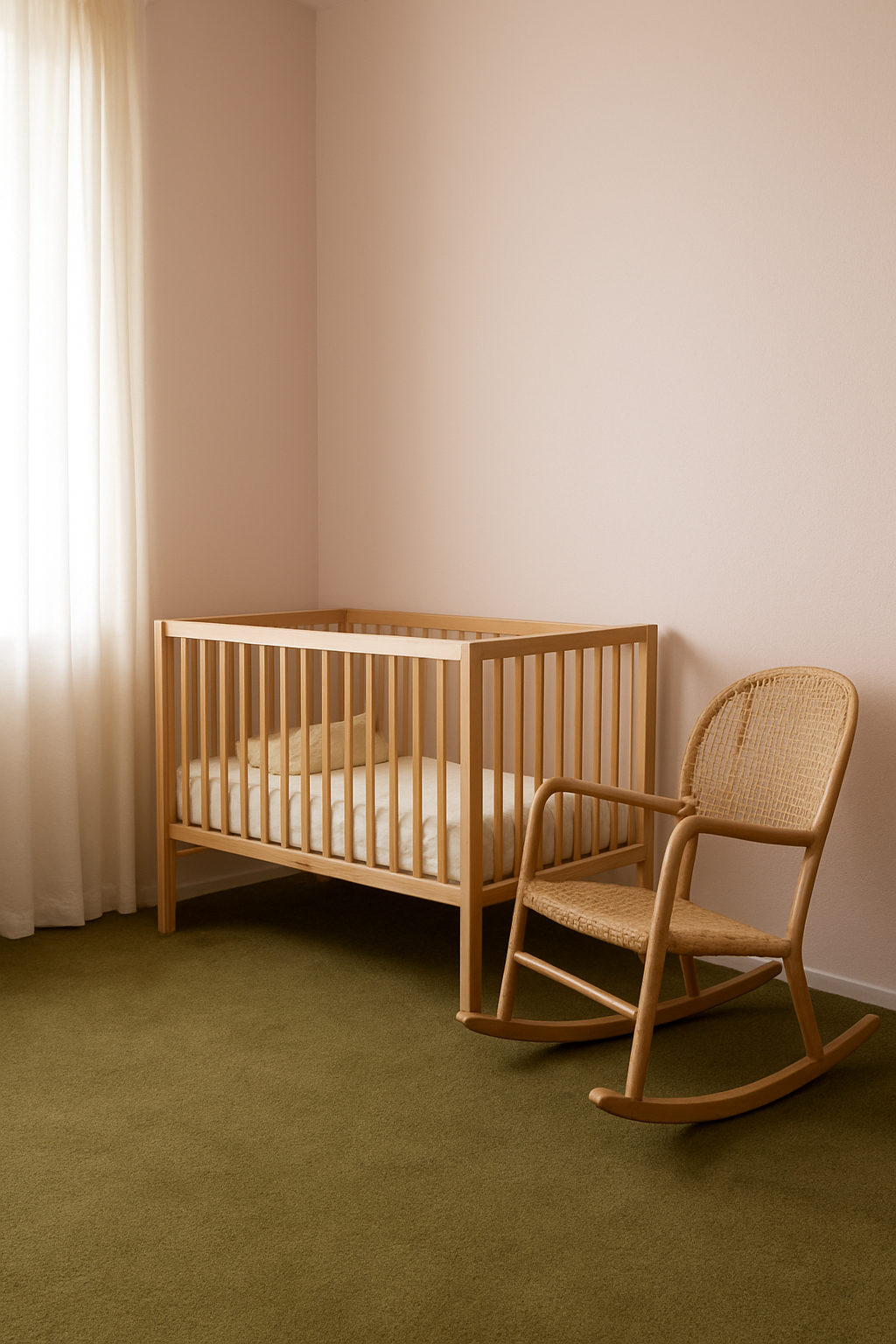Nursery corner with light pink walls and an olive green carpet