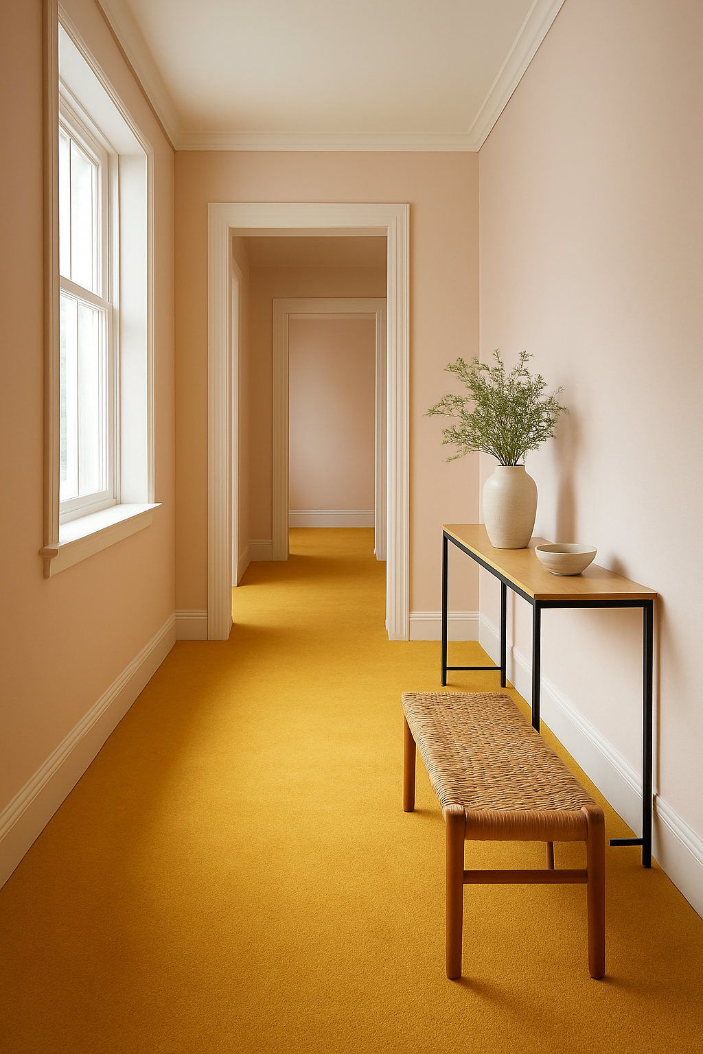 Hallway with light pink walls and a goldenrod yellow carpet