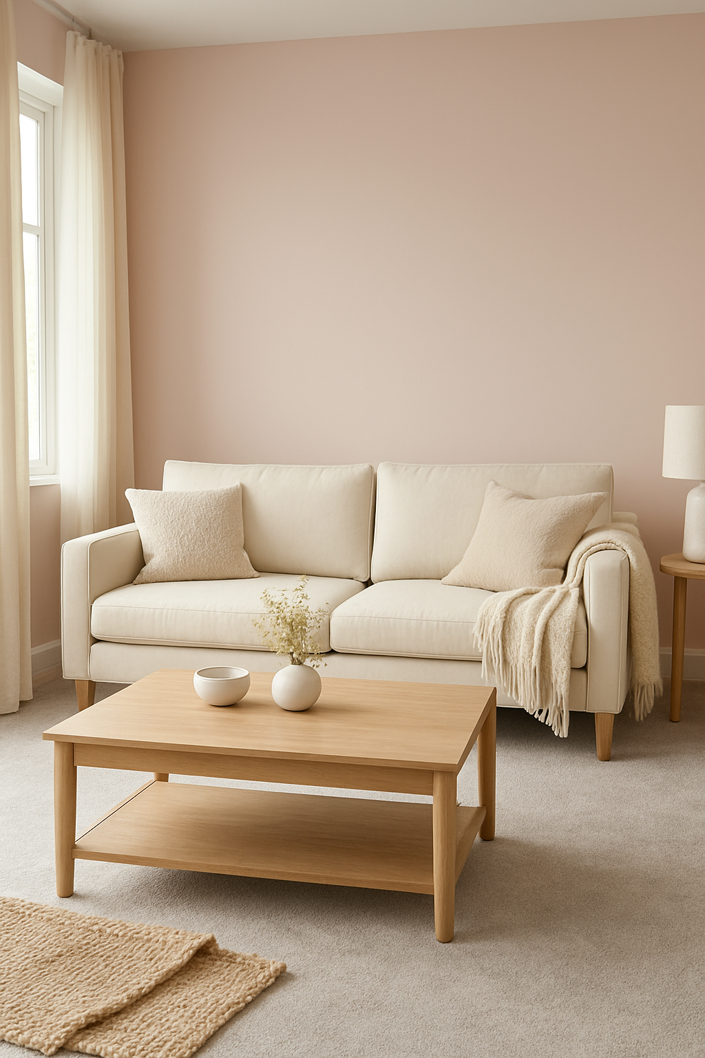 Living room with light pink walls and a soft gray carpet