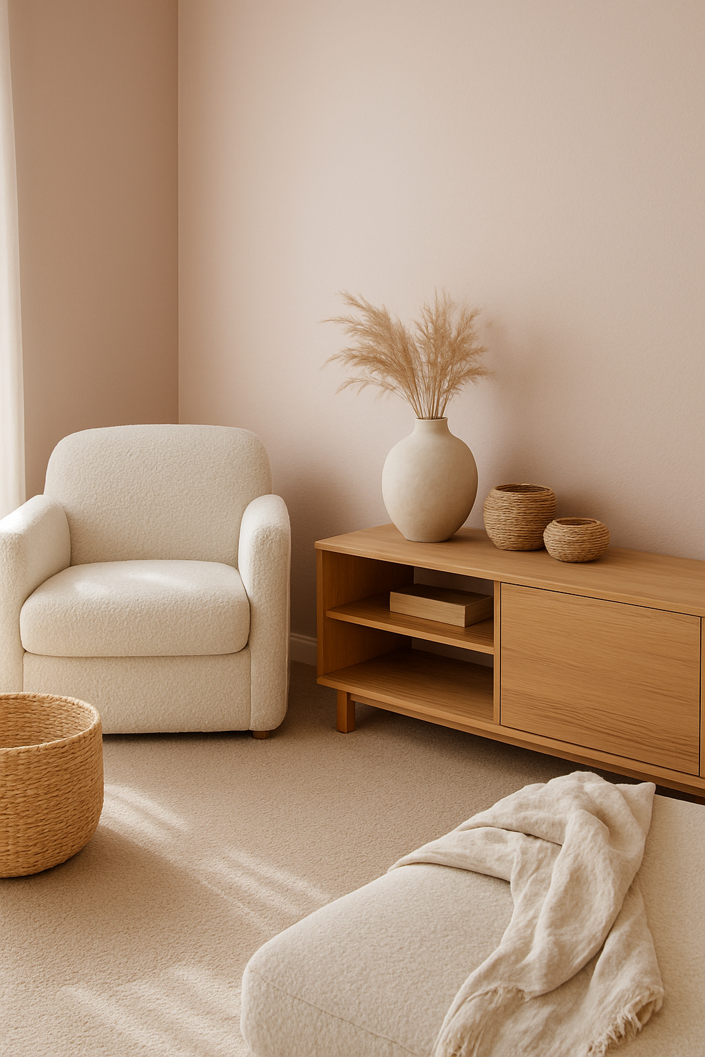 Family room corner with light pink walls and a beige carpet