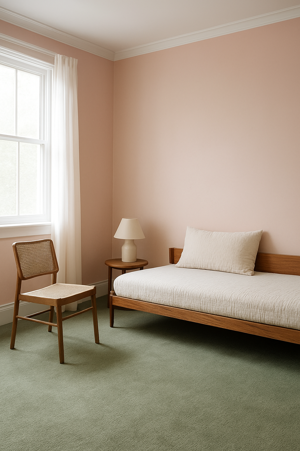 Guest room with light pink walls and a sage green carpet