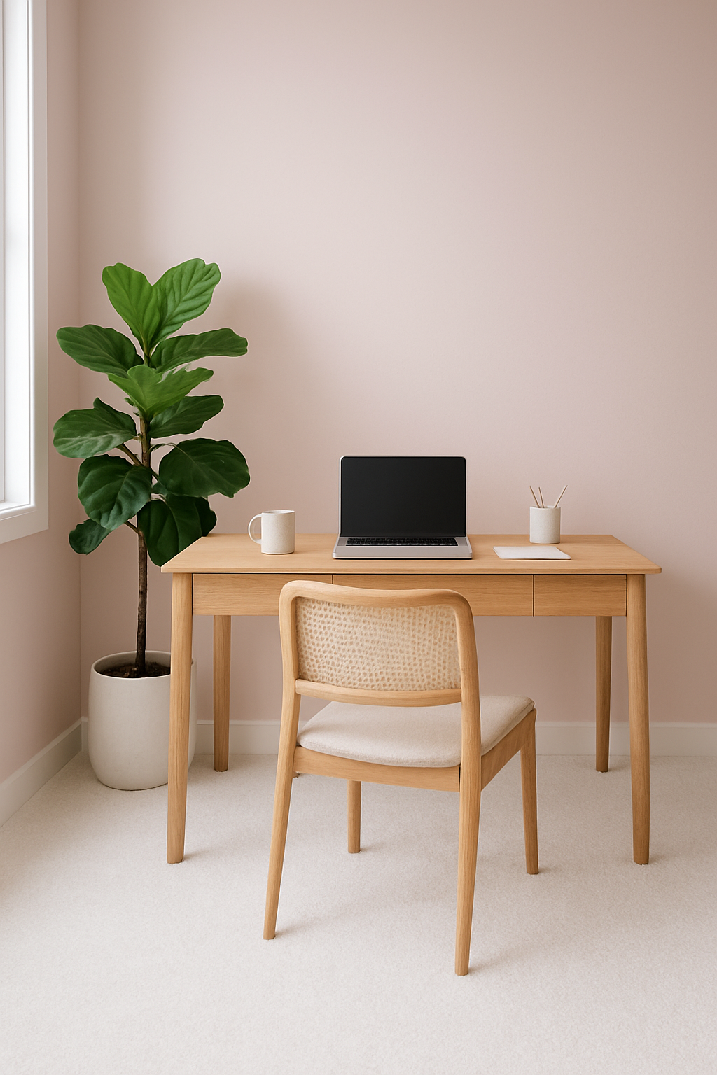 Home office with light pink walls and a crisp white carpet