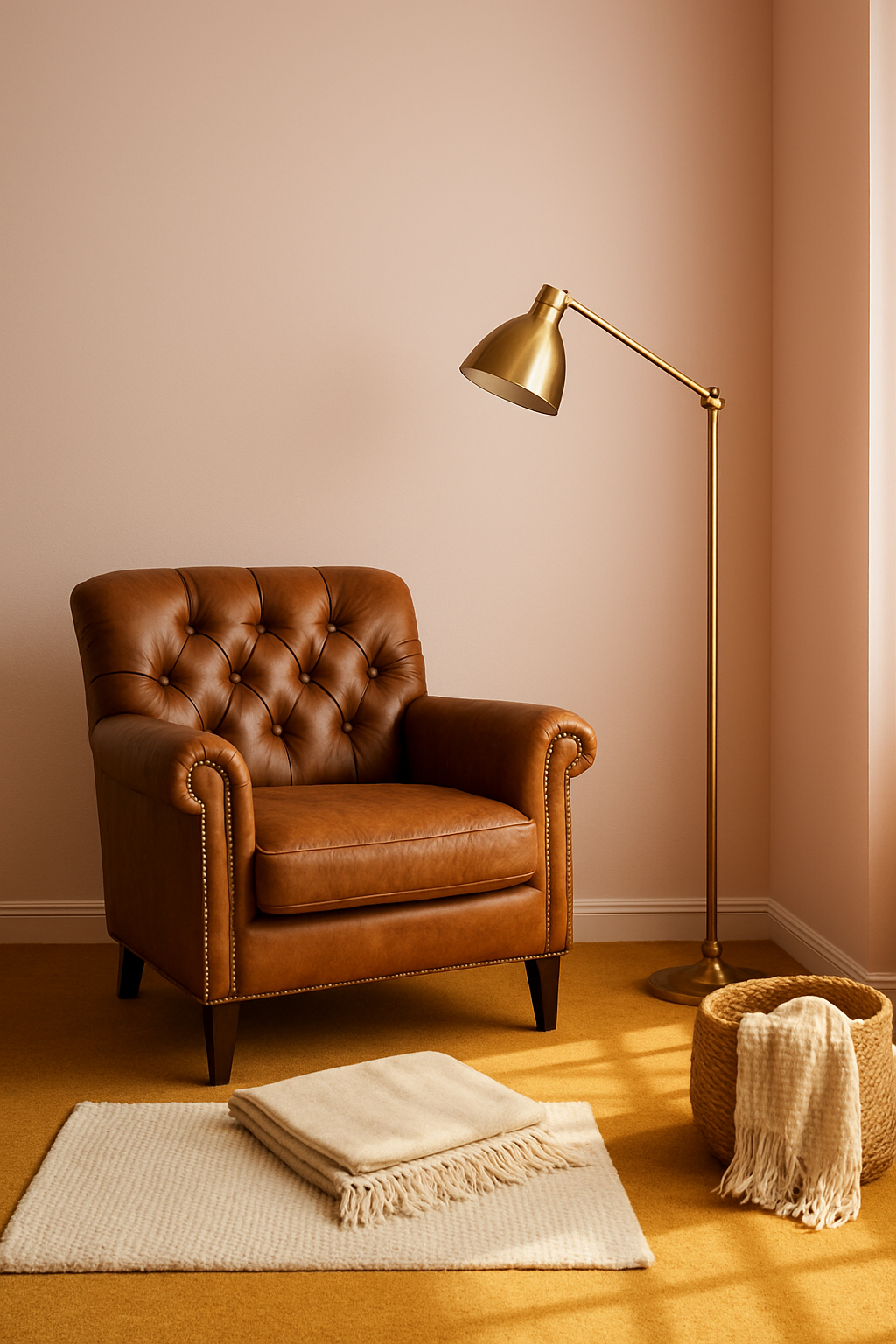 Den corner with light pink walls and a golden mustard carpet