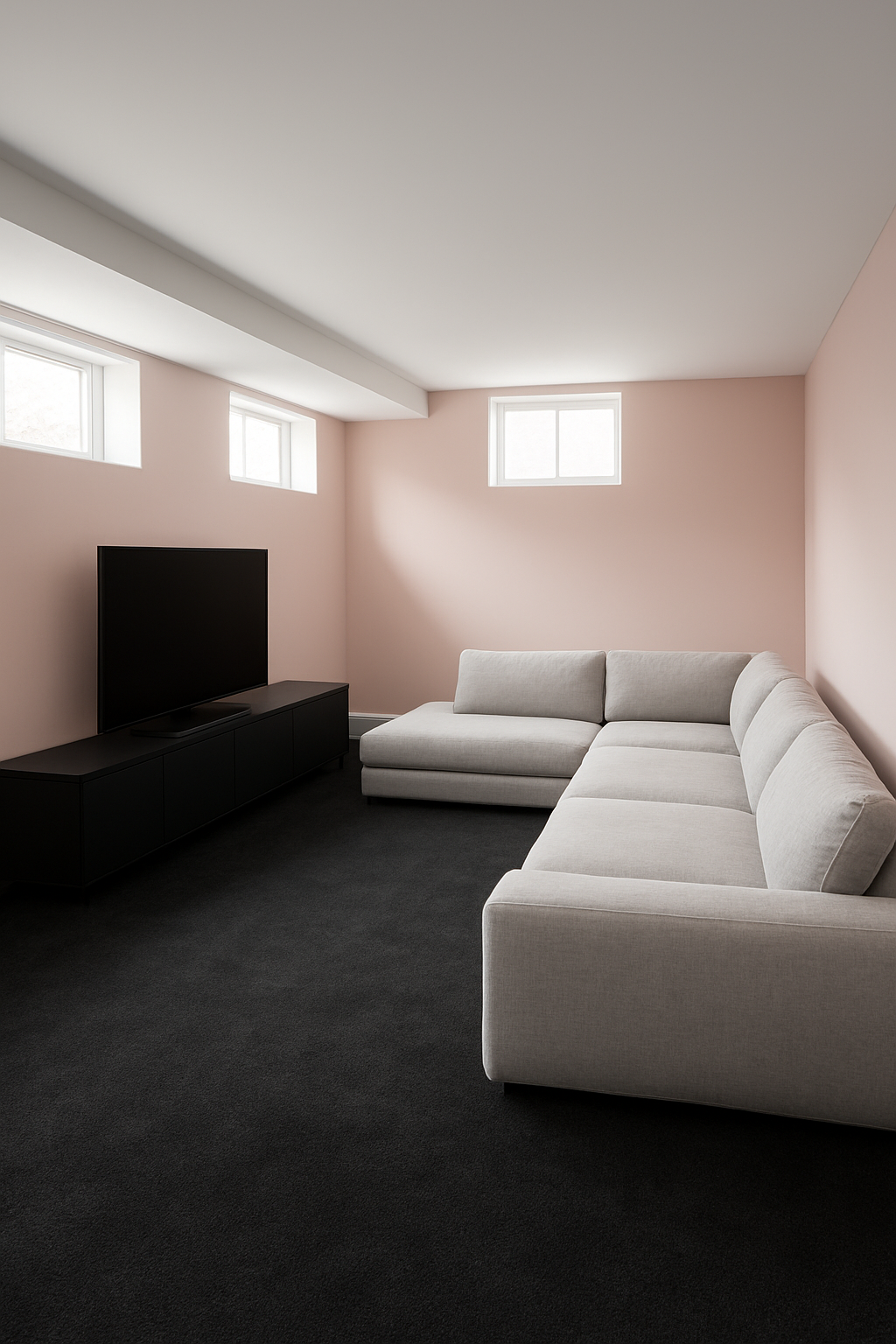 Basement with light pink walls and a charcoal black carpet