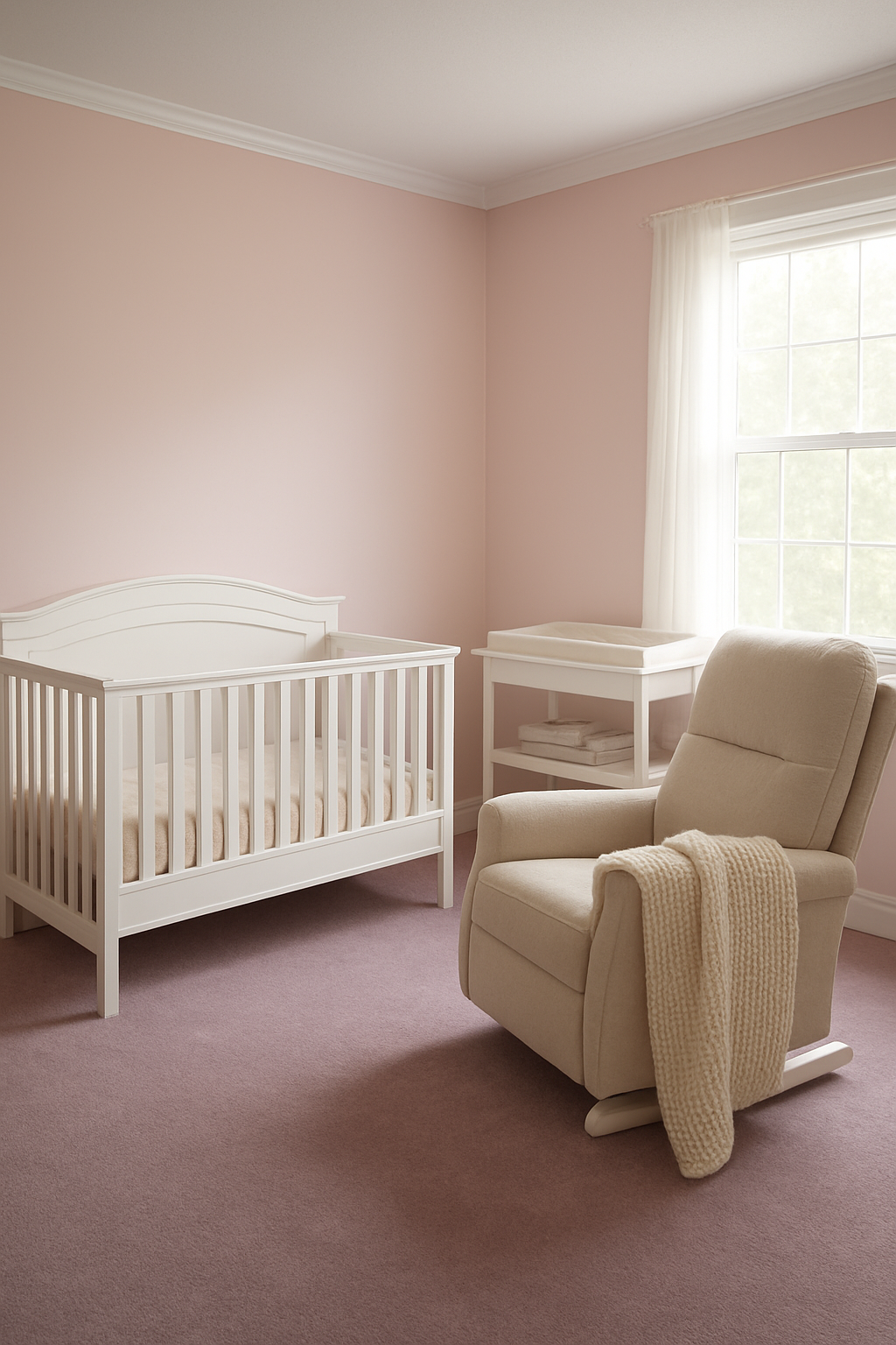 Nursery with light pink walls and a soft lavender carpet