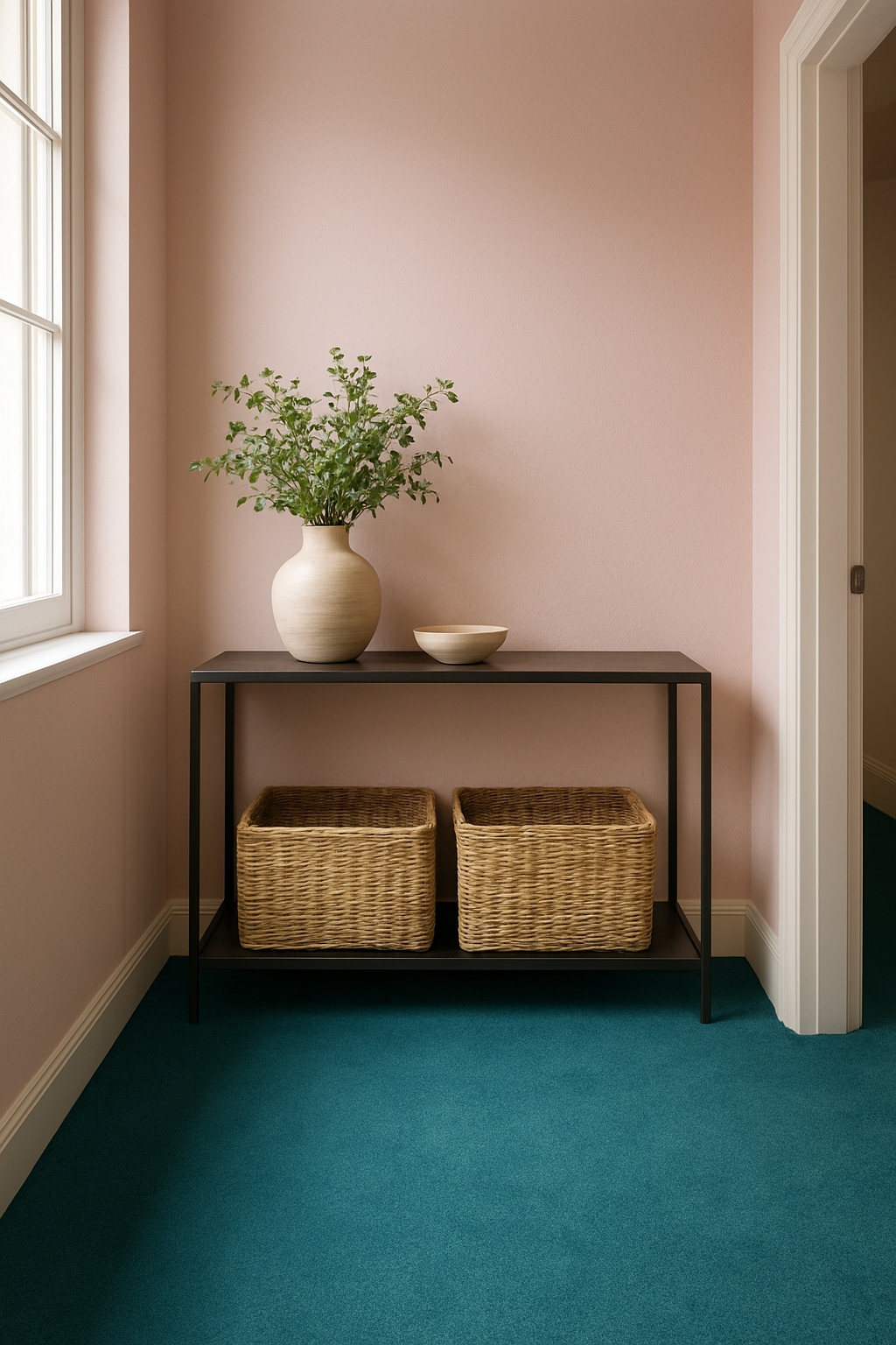Hallway corner with light pink walls and a cool teal carpet