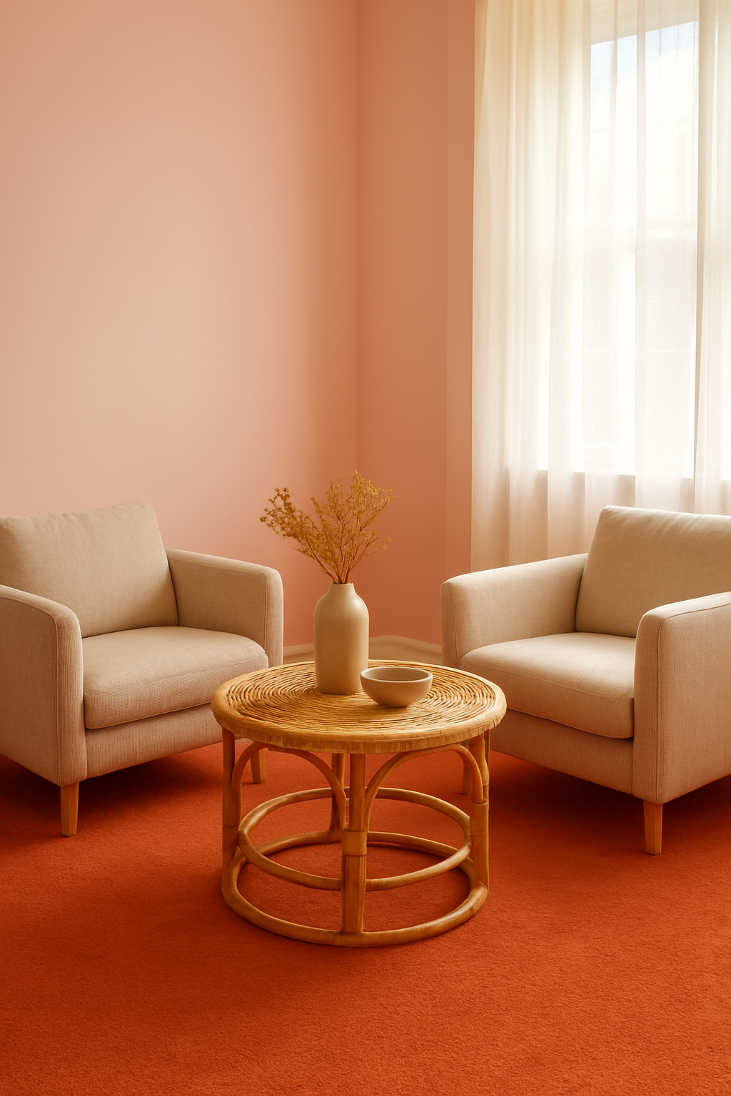 Living room with light pink walls and a sunset orange carpet
