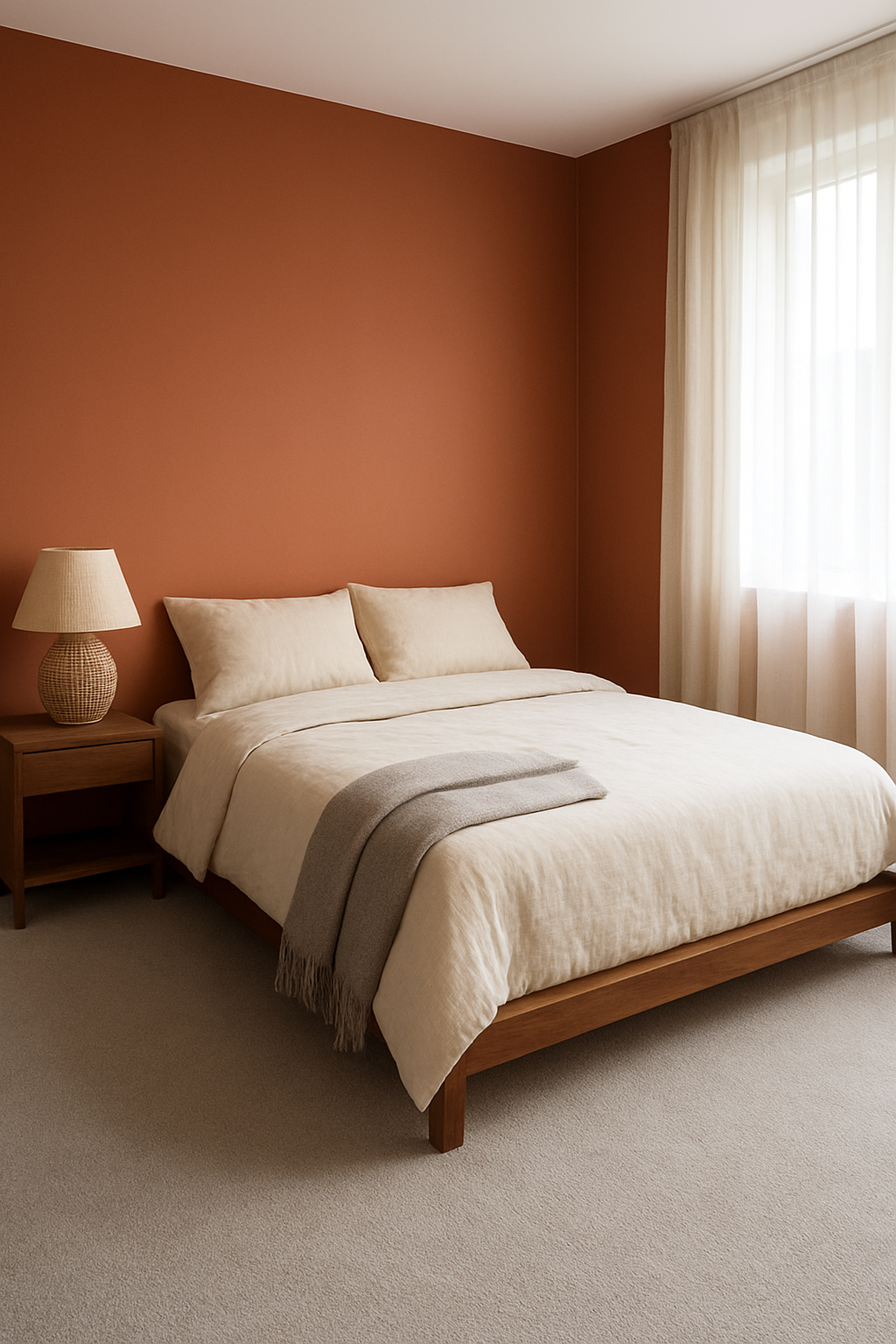Bedroom with terracotta orange walls and a light gray carpet, wide view