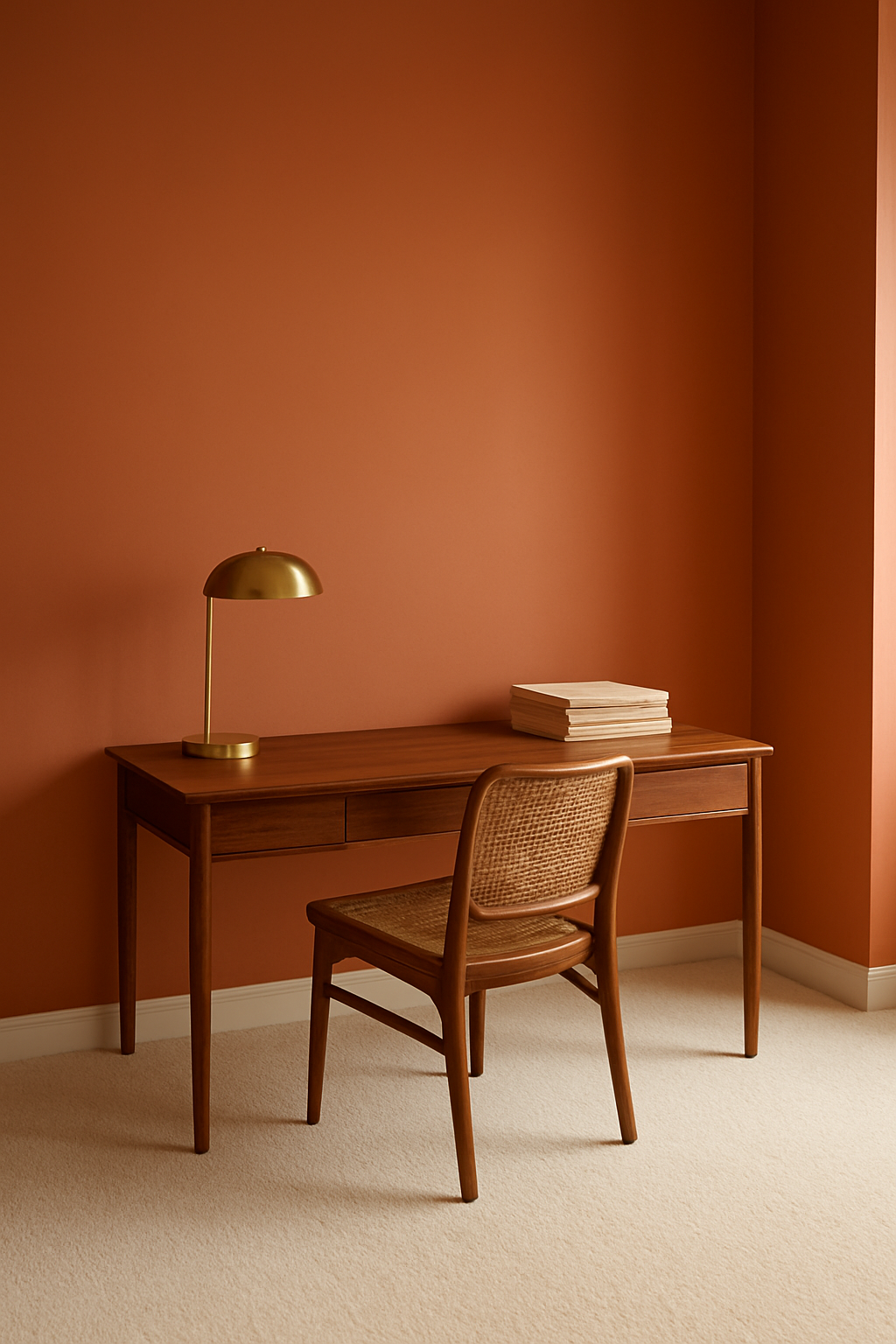 Home office with terracotta orange walls and an ivory carpet