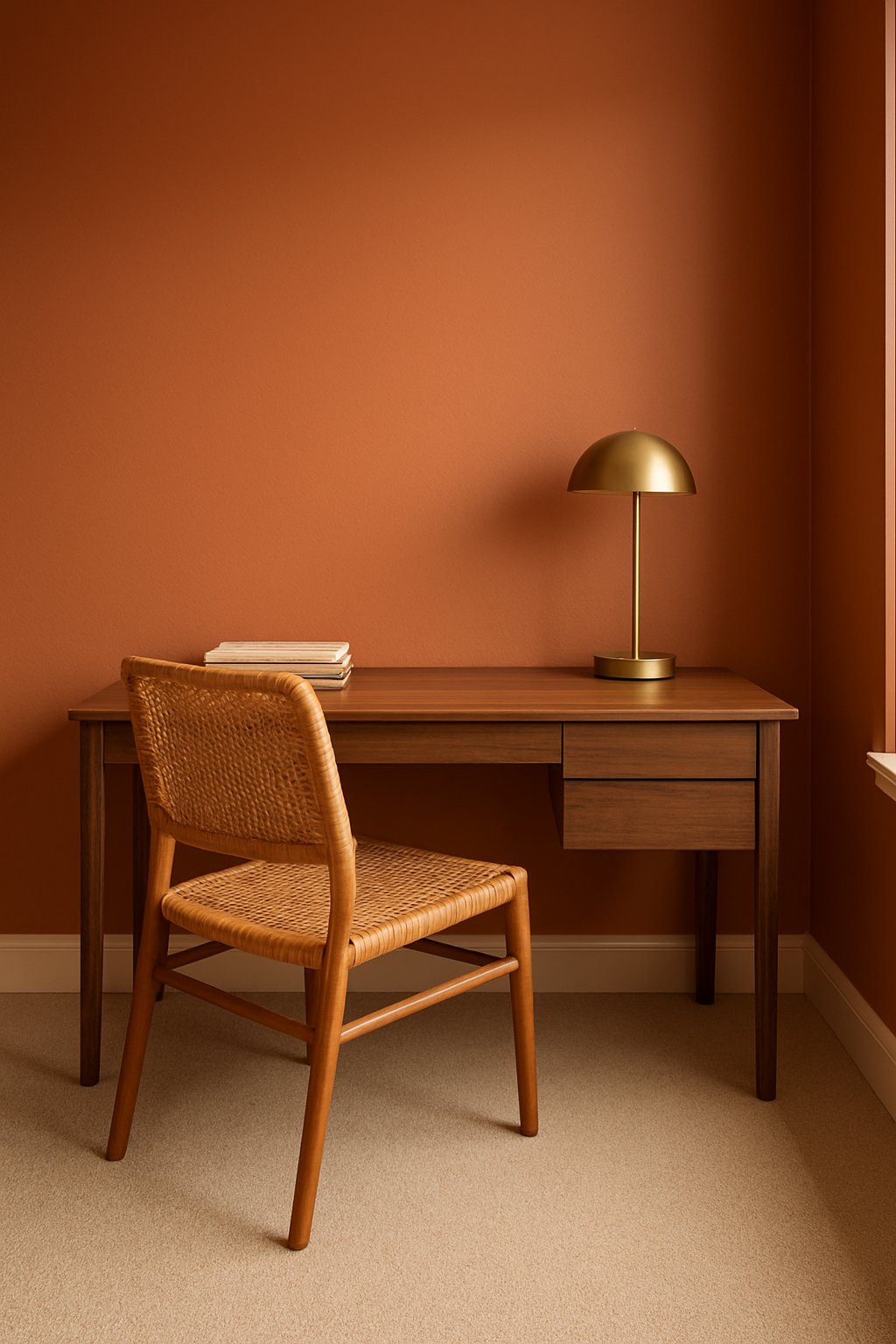 Home office corner with terracotta orange walls and a light tan carpet