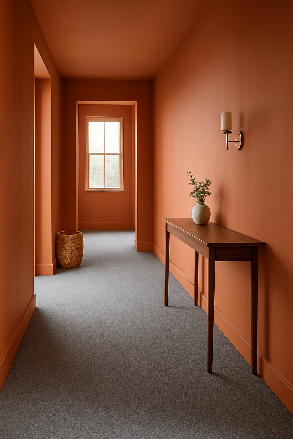 Hallway with terracotta orange walls and a medium gray carpet, wide view