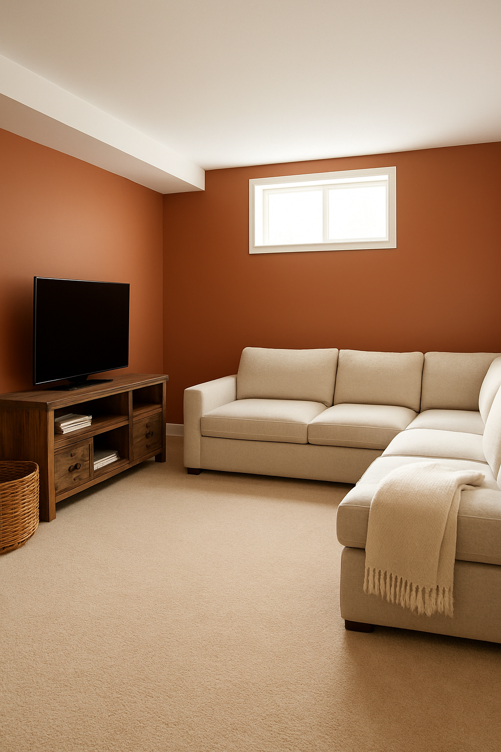 Basement with terracotta orange walls and a beige carpet, angled view