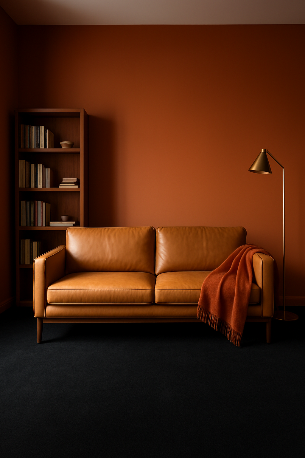 Den with terracotta orange walls, a leather sofa, and a black carpet
